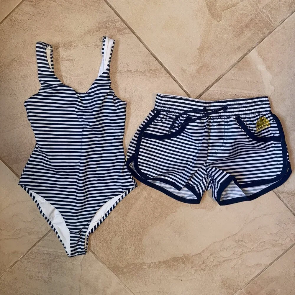 Sundek Girl Striped Swim Suit and matching swim shorts NWOT